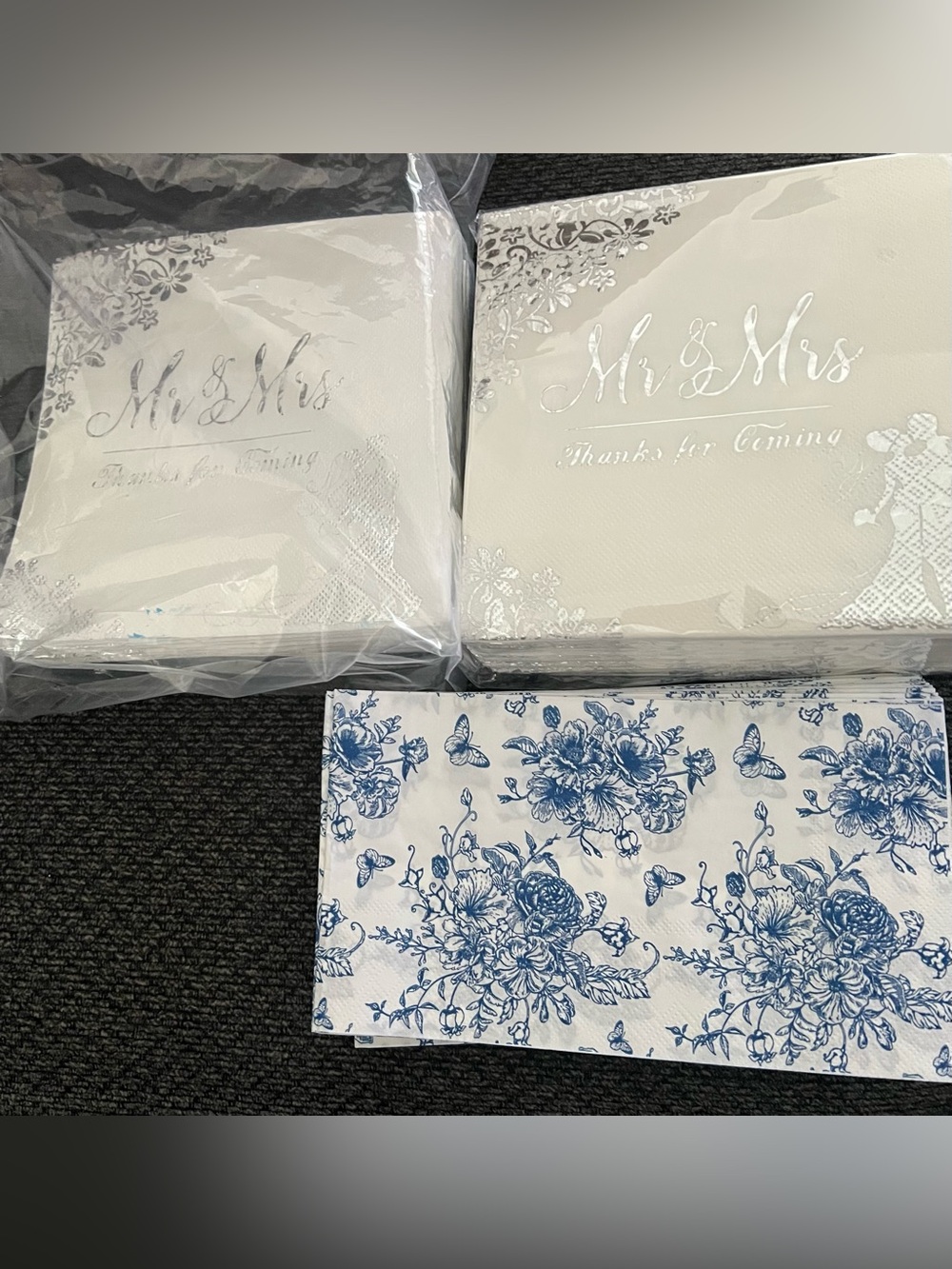 Mr & Mrs Silver Foil Wedding Napkins and Blue Floral Cocktail Napkins